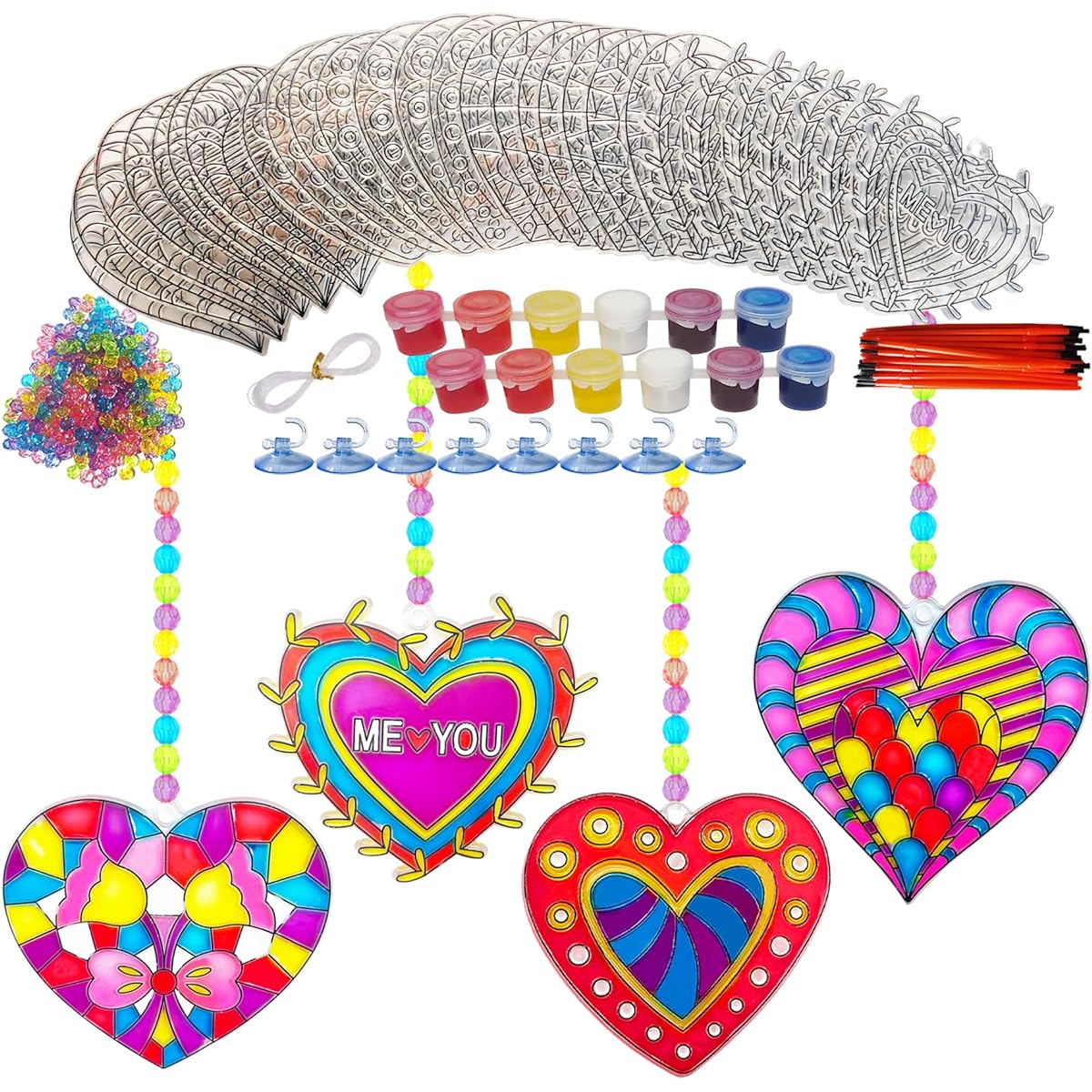 Heart Suncatcher 28 Sets for Windows Valentine's Day Suncatcher DIY Window Painting Art Heart Suncatcher for Classroom Art Craft Mother's Day Party Supplies
