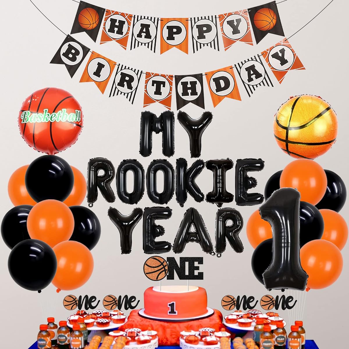 My Rookie Year 1st Birthday Decorations Basketball Theme Birthday Party with Basketball Cake Topper Birthday Happy Birthday Banner Number 1 Basketball Balloon 1st Birthday