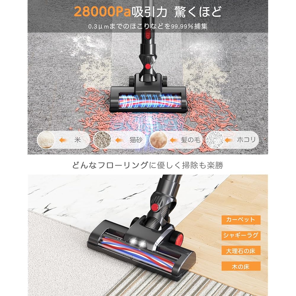 Dapsang Cordless Vacuum Cleaner, 28,000 Pa, Strong Suction & 24 Level Pipe Adjustment & 40 Minutes of Operation, Advanced Stick Cleaner, Handy Vacuum Cleaner, 2-Way, Lightweight, Cyclone, Removable