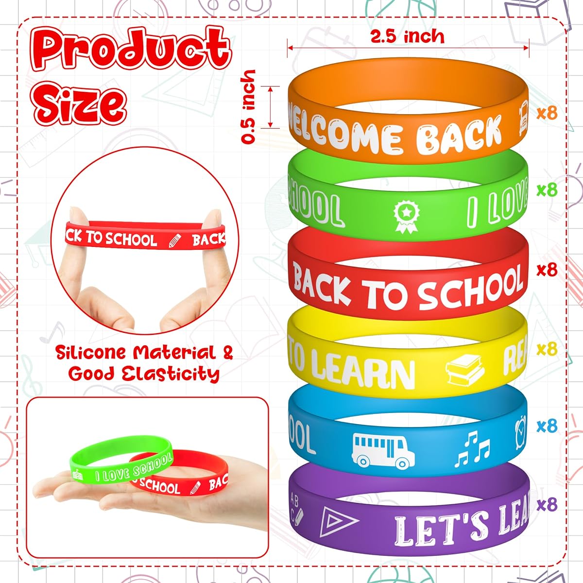 WATINC 48pcs Back to School Silicone Bracelets, Colorful Happy Welcome to School Stretch Wristbands Rubber Bracelets for Student Rewards, Party Favors Supplies, Goodie Bags, 6 Colors