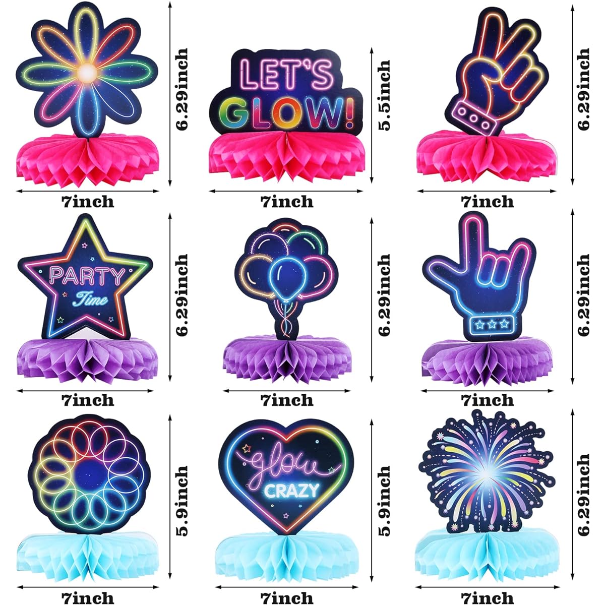 9 Pieces Luminous Neon Party Decorations Honeycomb Centerpieces for Tables Let's Glow Honeycomb Decorations Tabletop Centerpiece Signs Glow in the Dark Party Baby Shower