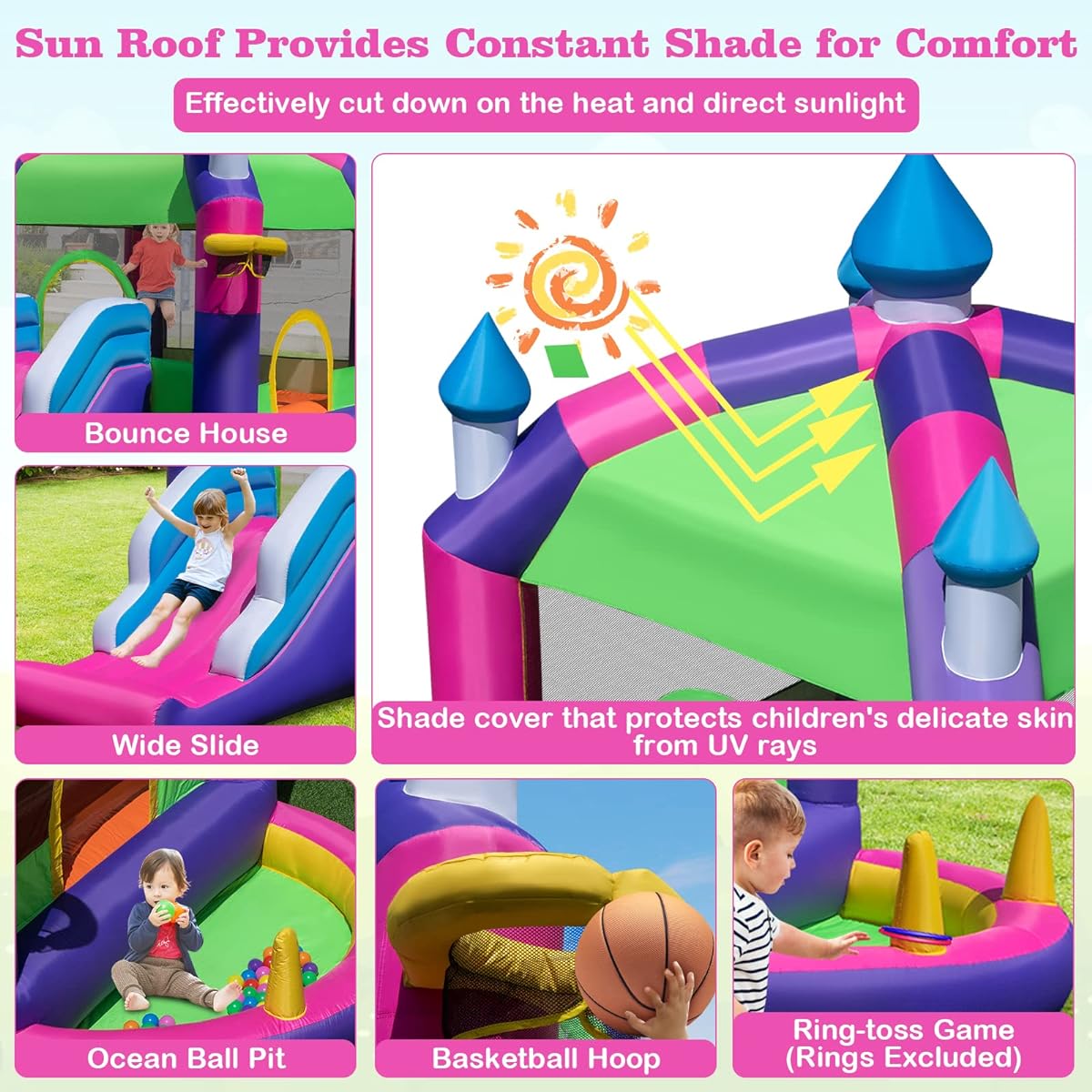 BOUNTECH Inflatable Bounce House with Canopy Overhead Cover, Bouncy House with Slide & Ball Pit for Kids Indoor Outdoor Fun, Portable Bouncy Jumping Castle with Climbing Wall, Birthday Party Gift
