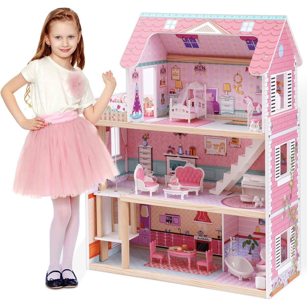 ROBUD Wooden Dollhouse Kit Kids Dollhouse Toy Gift for 3 4 5 6 Years Old Girls Boys, 24.3*12*32in, WDH04