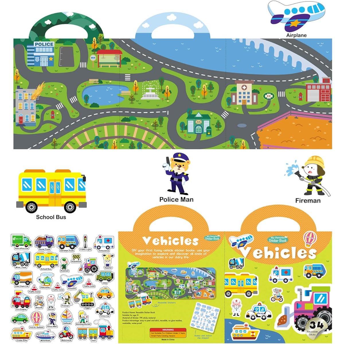 Reusable Sticker Books for Kids, 2 Sets Jelly Stickers Quiet Books for Children Preschool Learning Toddlers Airplane Travel Essentials for Girls Boys Ages 2-6 - Vehicles & Animals