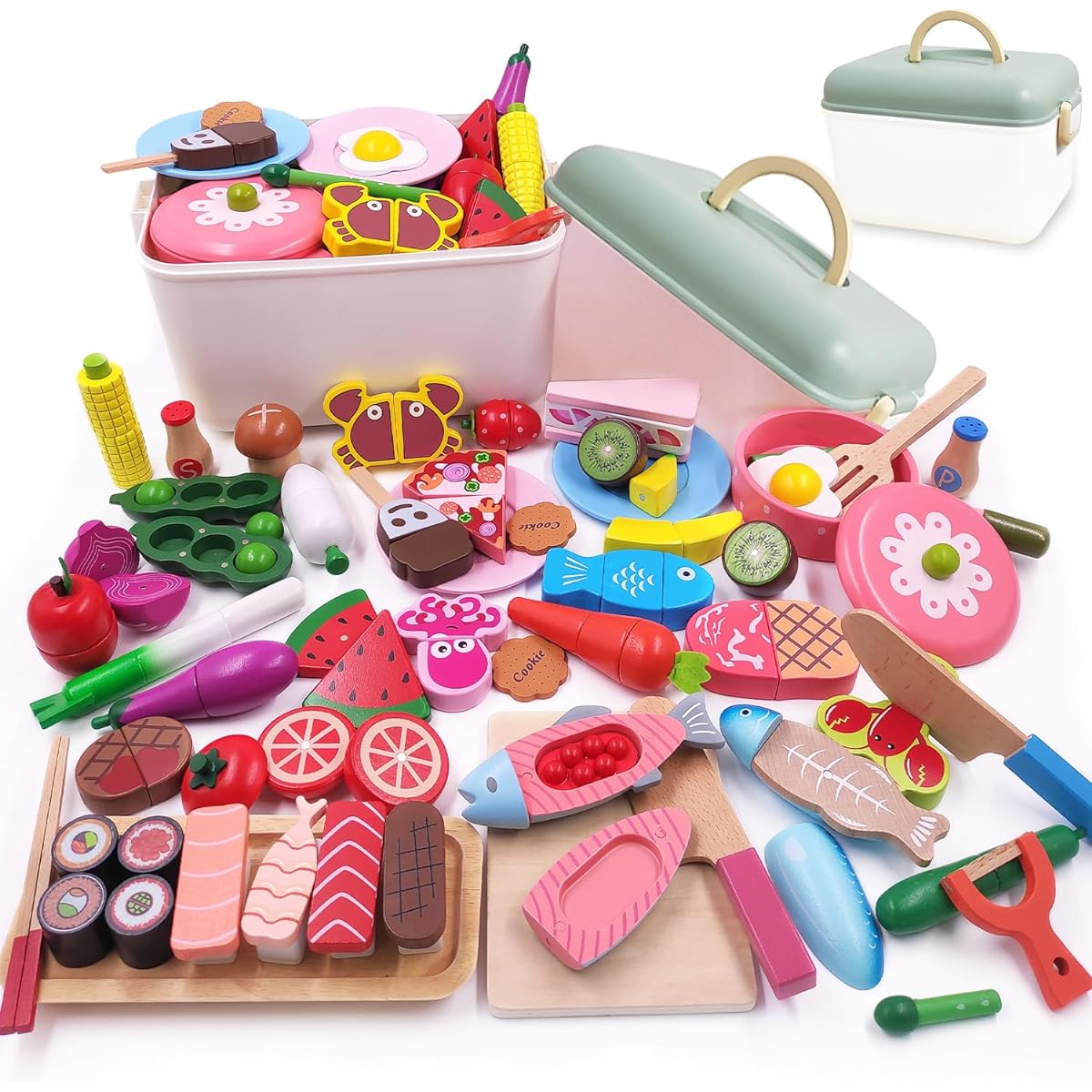 Jecimco Pretend Kitchen Set, Wooden, Kids, Educational Toy, DIY, Sushi, Seafood, Vegetables, Fruits, Cutting, Food, Tableware, Parent-Child Play, Kitchen, Toy, Gift, Boys, Girls, Pretend Play
