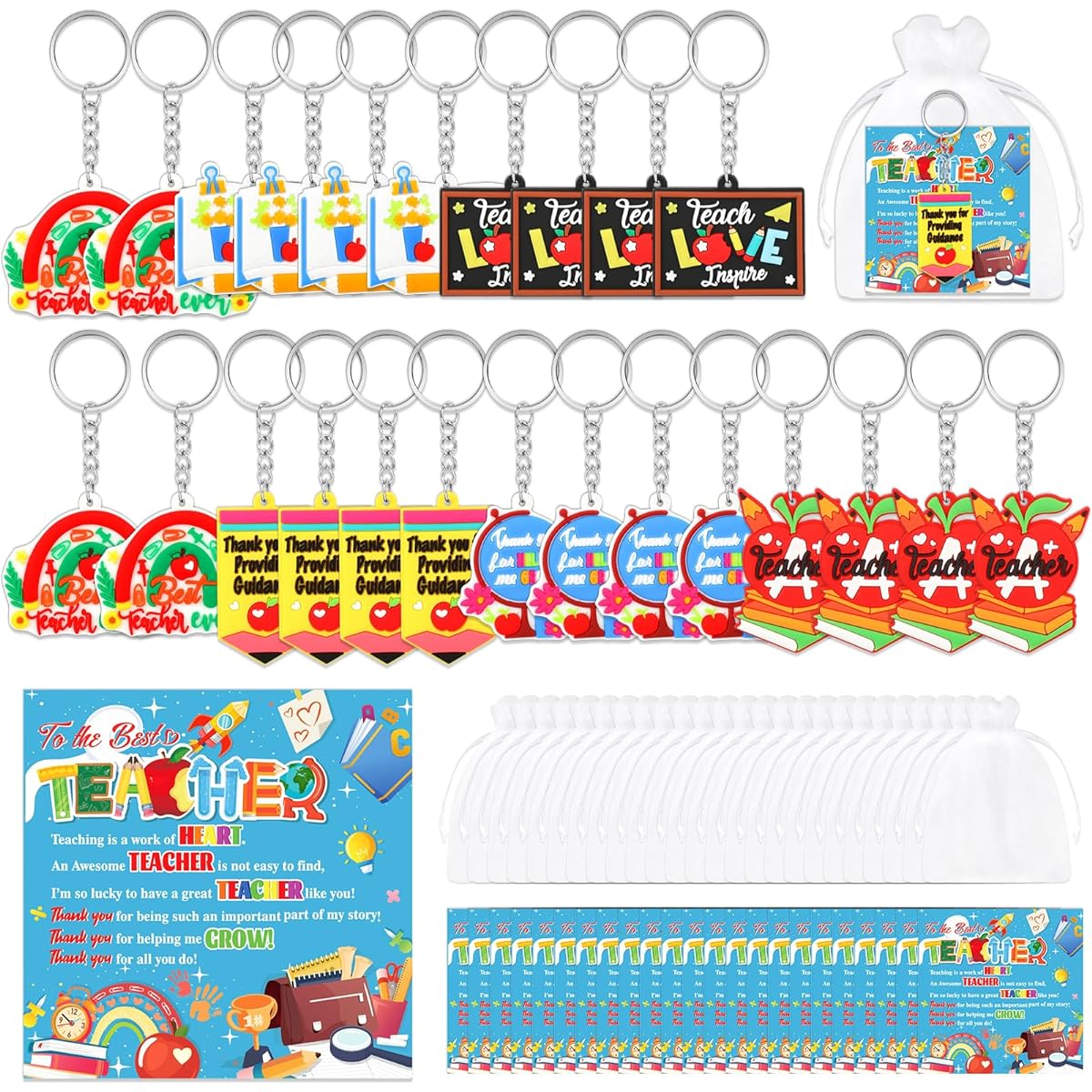 HOWAF Teacher Appreciation Gifts Bulk 72 Pack, 24 Teacher Appreciation Gift Cards, Teacher Appreciation Keychain with Bag, Teacher's Day, Graduation, End of School Year, Christmas Gifts, Teacher Gifts
