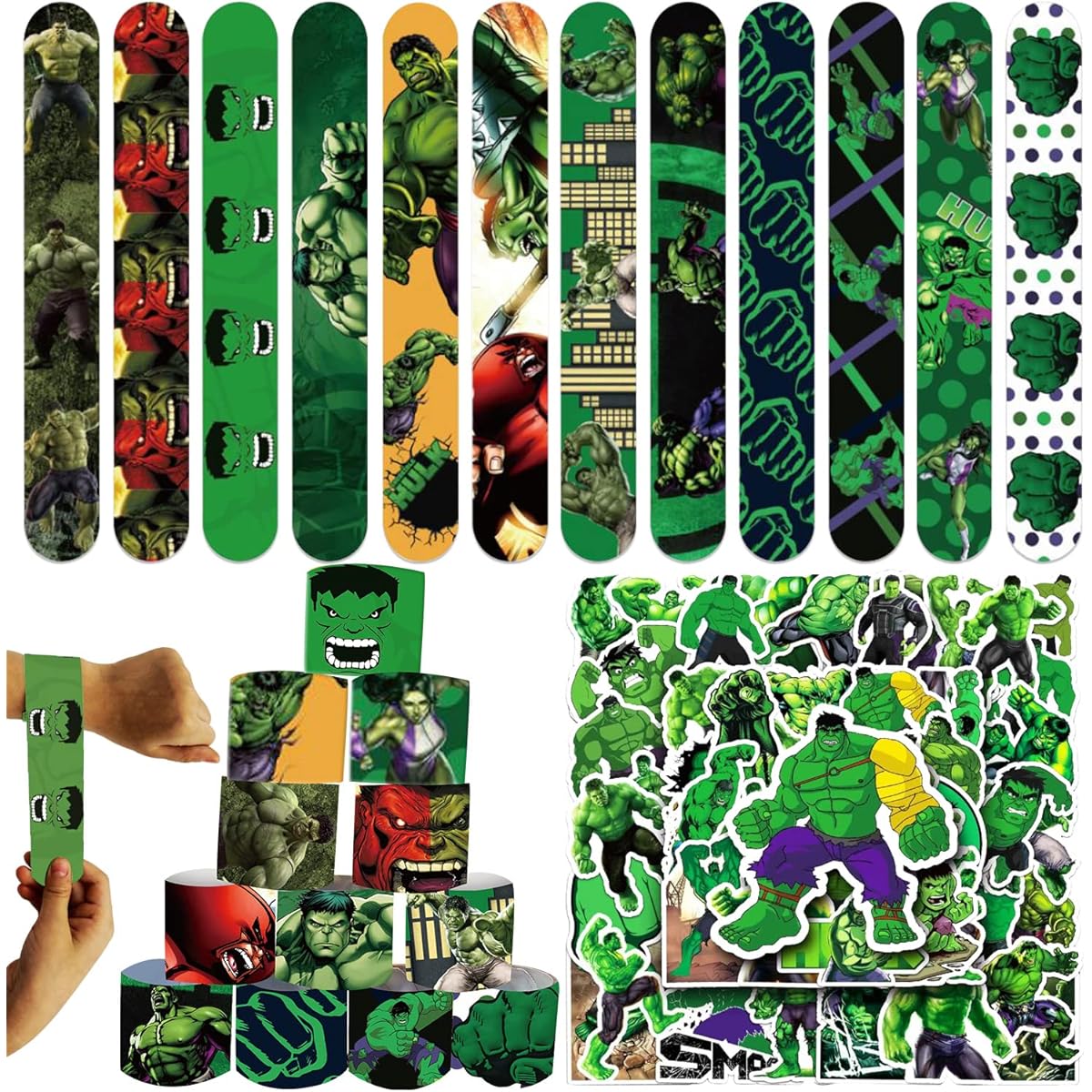 Hulk Party Favors, 86pcs Hulk Slap Bracelets Birthday Party Supplies, 36pcs Slap Bracelets, 50pcs Stickers, Hulk Theme Party Supplies