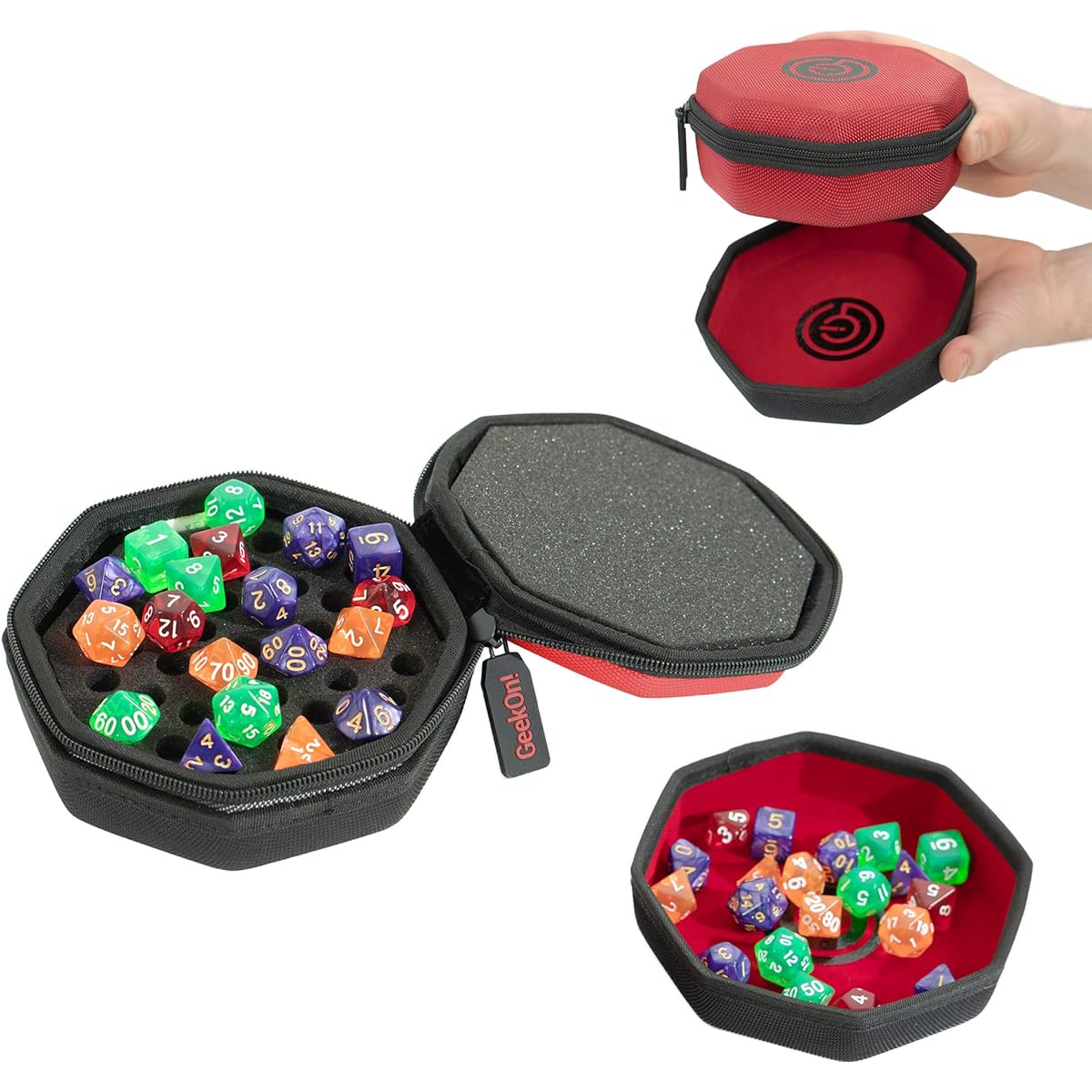 GEEKON Protective Padded Dice Case & Integrated Felt Dice Tray for Board Games, Ping Pong Games and RPGs - Holds & Protects Over 75 Dice! Perfect for Game Night! (Red)