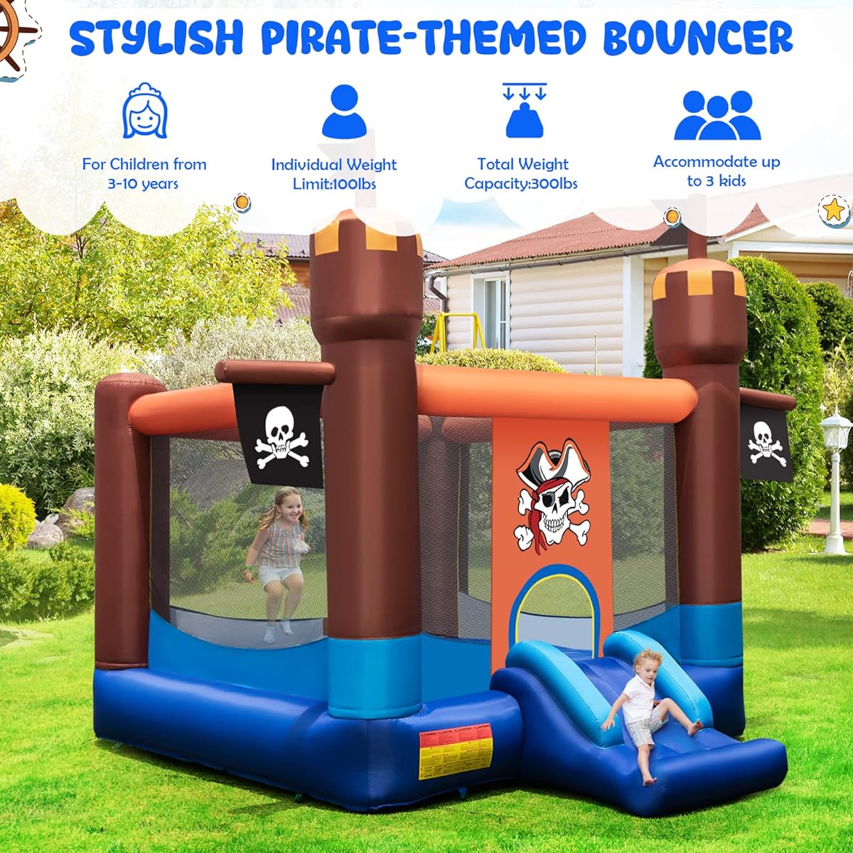 BOUNTECH Inflatable Bounce Castle, Large Bouncy House for Kids Ages 5-12, Indoor/Outdoor/Party Fun with Large Jumping Area, Mesh Walls, Pirate Theme, Toddler Bounce House, Backyard, Birthday Gift