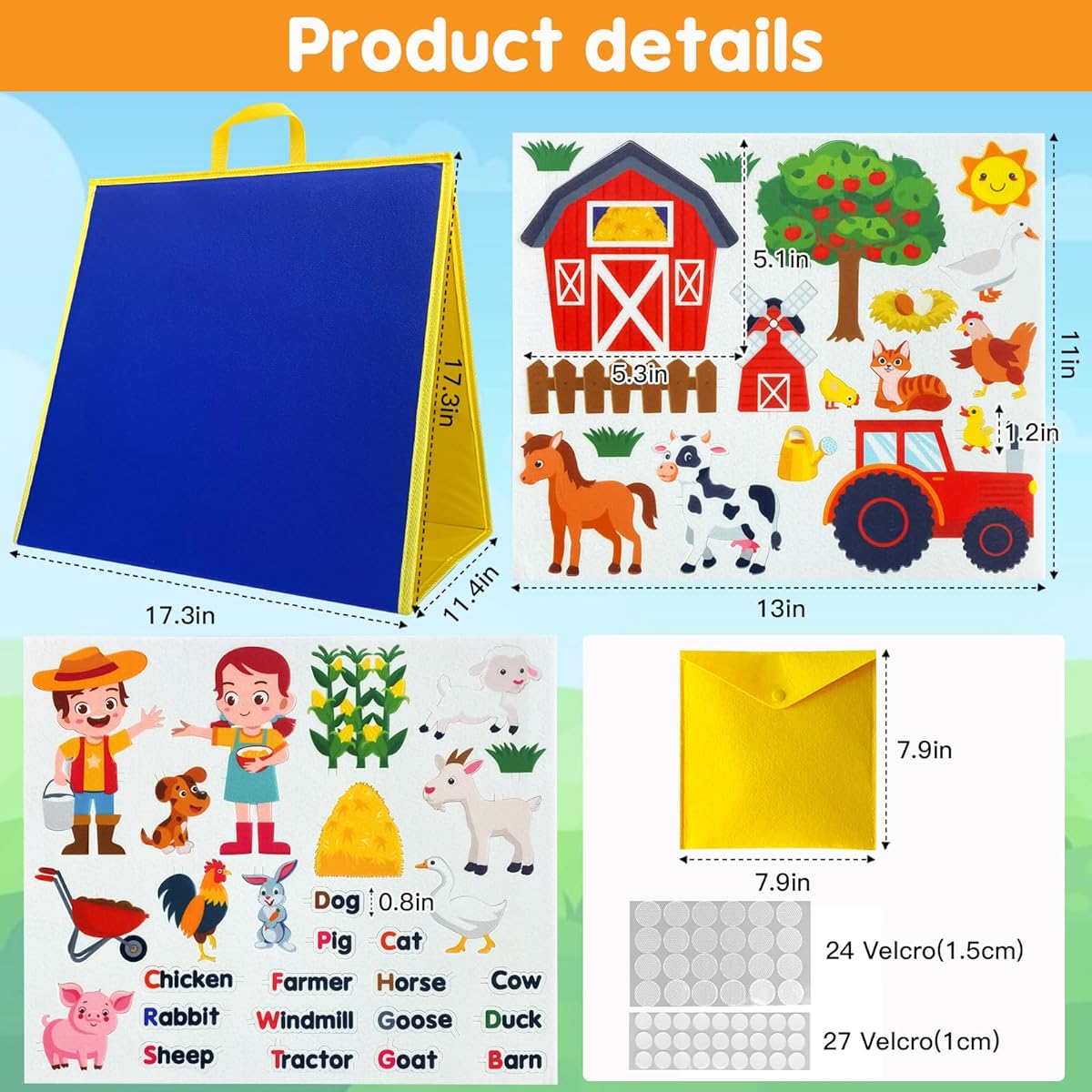 Felt Board & Story Set for Toddlers, Flannel Board, Quiet Time Book, Foldable, Double Sided, Felt Learning Board for the Classroom, Felt Toy Activities (Farm Animals)