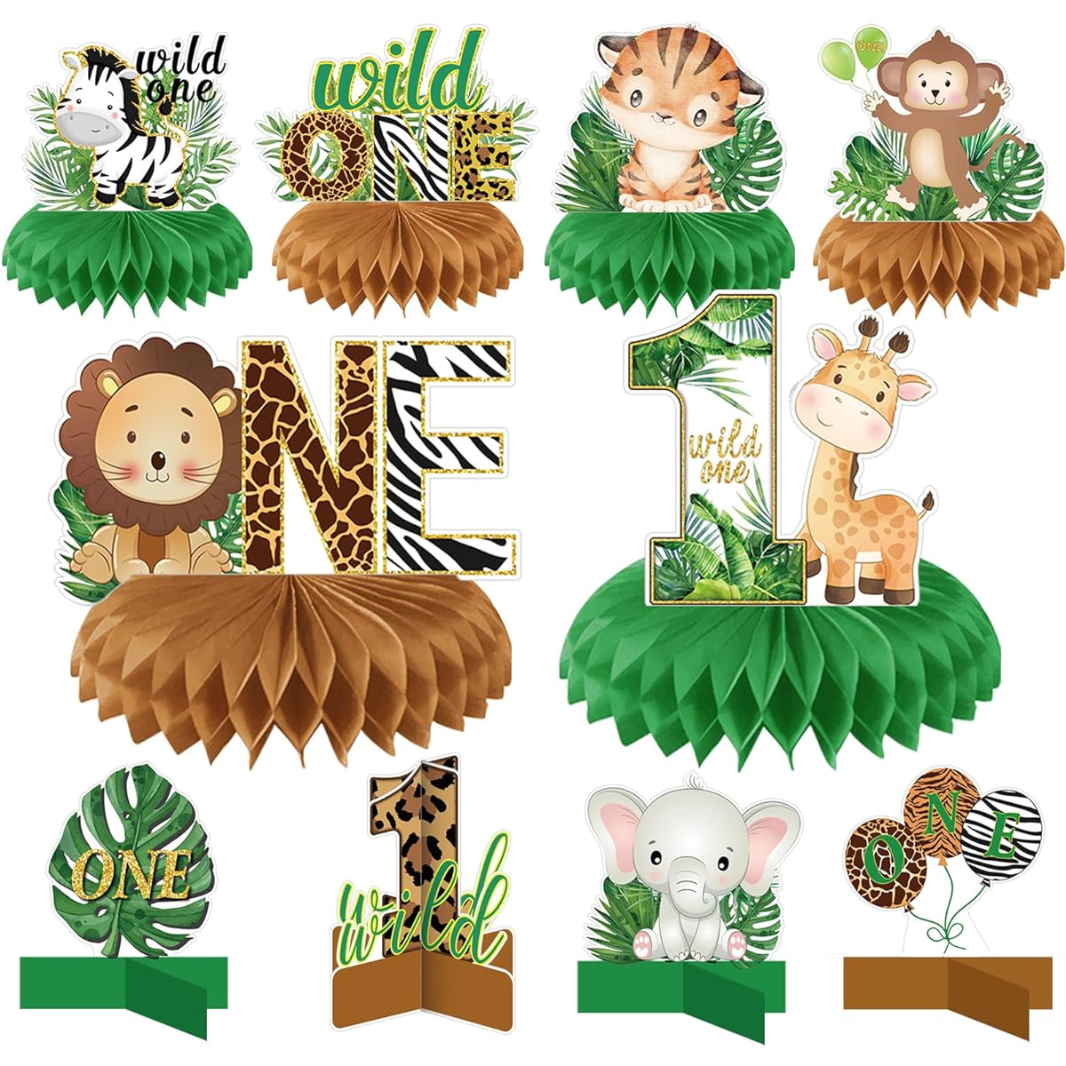 Wild One Honeycomb Centerpieces Birthday Decorations for Boys and Girls, Safari Centerpieces for Table, 3D Double Sided Baby Shower Jungle Animal Party Decorations, 10pcs