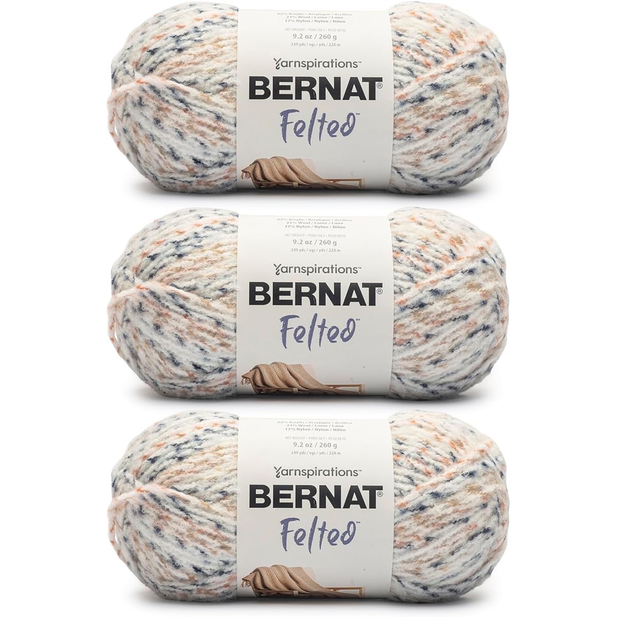 Bernat Felt Ecru Fleck Yarn - 3 Pack of 9.2oz/260g - Blended Fiber - #6 Super Bulky - 249 Yards - Knitting Crochet & Crafts