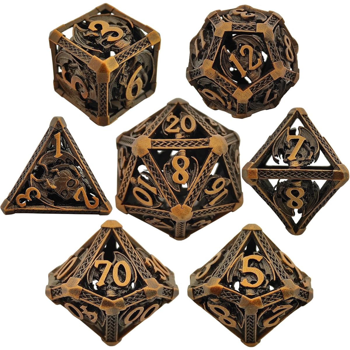 AHDKEJG D&D DND Dice Set 7pcs Metal Hollow Polyhedron Dungeons and Dragons Gift Bag TTRPG MTG Pathfinder Board Game Accessories D&D Role Playing Dice D20 D12 D10 D% D8 D6 D4-Ancient Gold