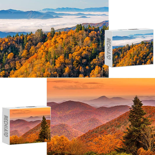 2 Pack 1000 Piece Blue Ridge Parkway Fall & Great Smoky Mountain National Park Fall Puzzle Fall Jigsaw Puzzle for Adults 1000+ Pieces National Park Puzzle Gifts for Women & Moms