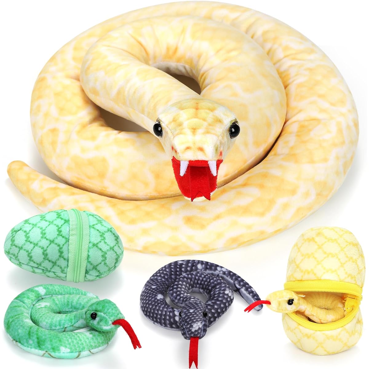 Xhamuon 53" Giant Snake Plush Toy Mommy and 3 Babies with 3 Cute Babies & 3 Eggs Golden Python Realistic Snake Stuffed Animal Gift for Boys Girls