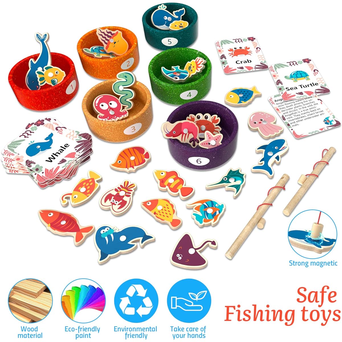 Toys for Toddlers 2-4 Years Montessori Wooden Sorting Cups & Fishing Game 26 Pieces Marine Animals ABC Magnetic Toys for Toddlers 3 4 5 6 Years Old Girls Boys Fine Motor Skills Educational Toys for Kids (2 Poles)