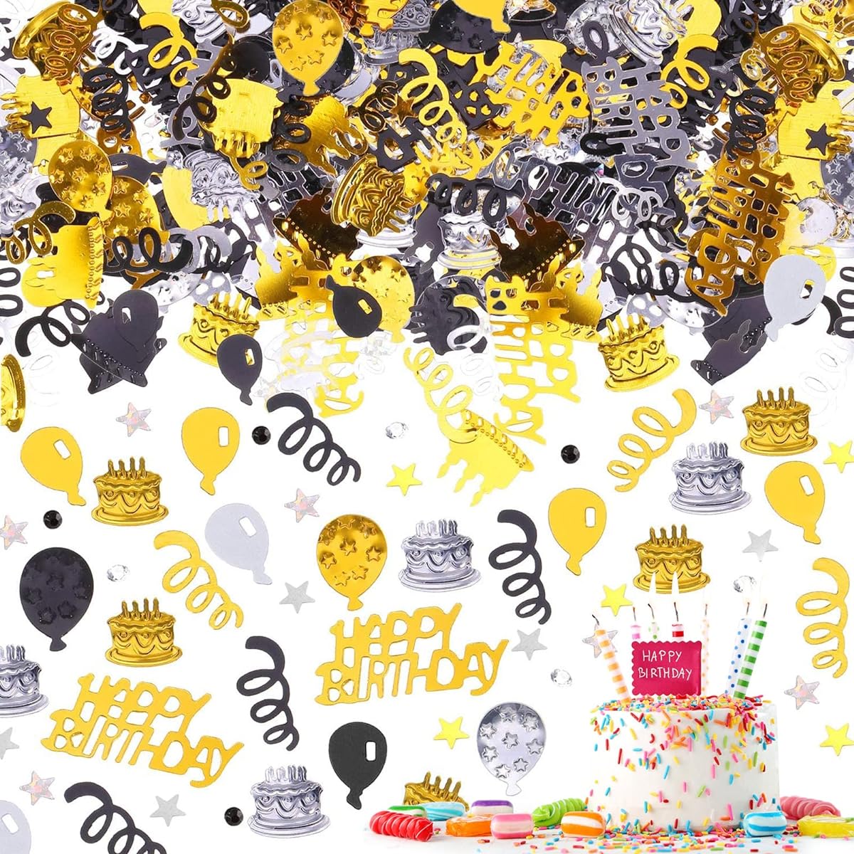 Happy Birthday Confetti Twinkle Star Foil Balloons Birthday Confetti for Table Happy Birthday Sequin Decorations for Birthday Party Table Decor Baby Shower DIY Craft Art (Black Gold)