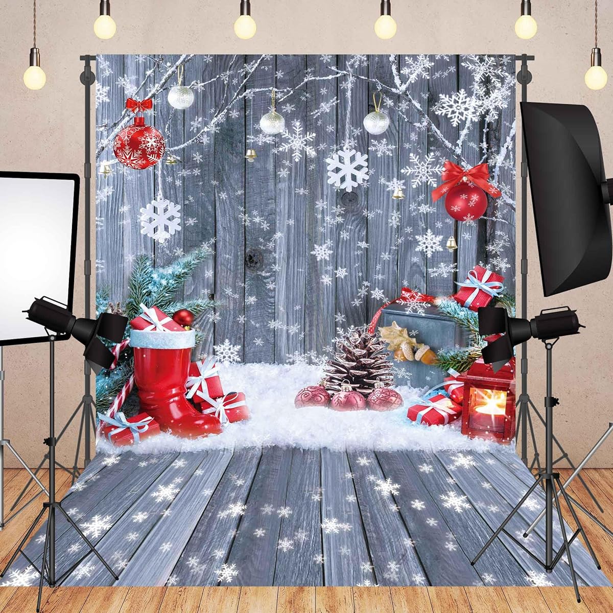 Felortte 8x10ft Christmas Wood Wall Floor Backdrop Winter Snowflake Gift Decoration Photography Background Kids Family Holiday Party Photo Banner Booth Studio Photographer Props