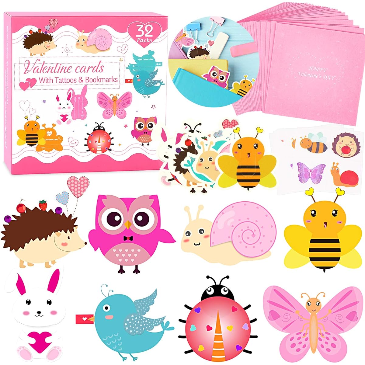 Valentine's Day Cards for Kids 32 Pack Animal Bookmarks + Temporary Tattoos + Envelopes Valentine's Day Greeting Cards Kids Valentine's Day Exchange Gift Cards for Classroom/School/Party Favors