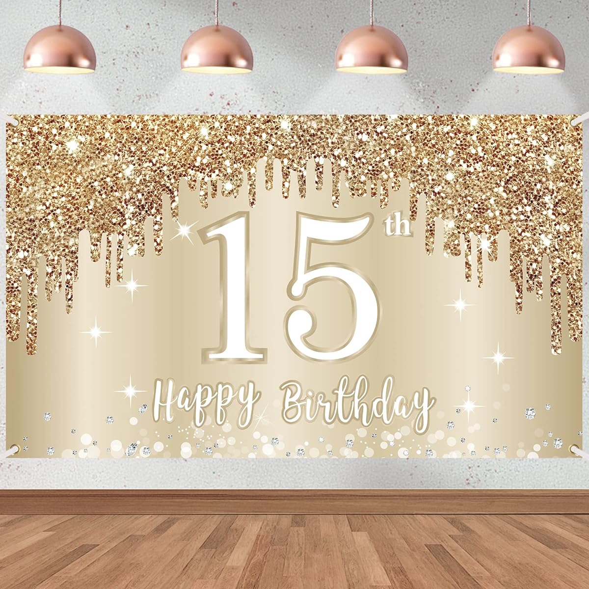 Happy 15th Birthday Banner Backdrop Decorations for Girls Gold White Sweet 15th Birthday Sign Party Supplies 15th Birthday Photo Booth Background Poster Decor(72.8 x 43.3 Inch)