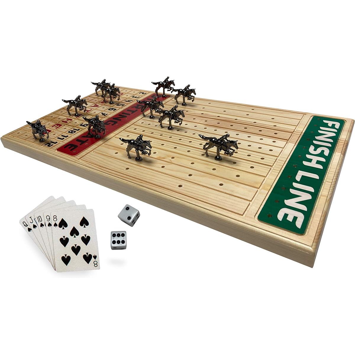 FINENI Horse Racing Board Game with 11 Luxury and Durable Metal Horses, Black, Genuine Pine Wood Horse Racing Game Board, Dice and Cards