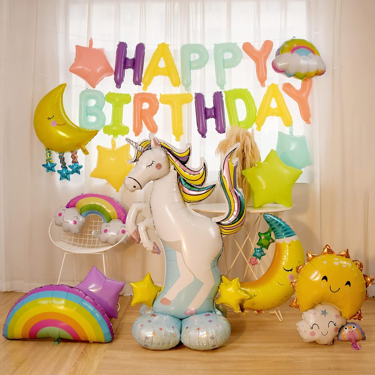 Kids Birthday Cartoon Balloon Decoration Party Balloon Banner Animal Unicorn Moon Cloud Shape Rainbow Balloon Surprise Your Kids Birthday Party Suitable for Girls and Boys