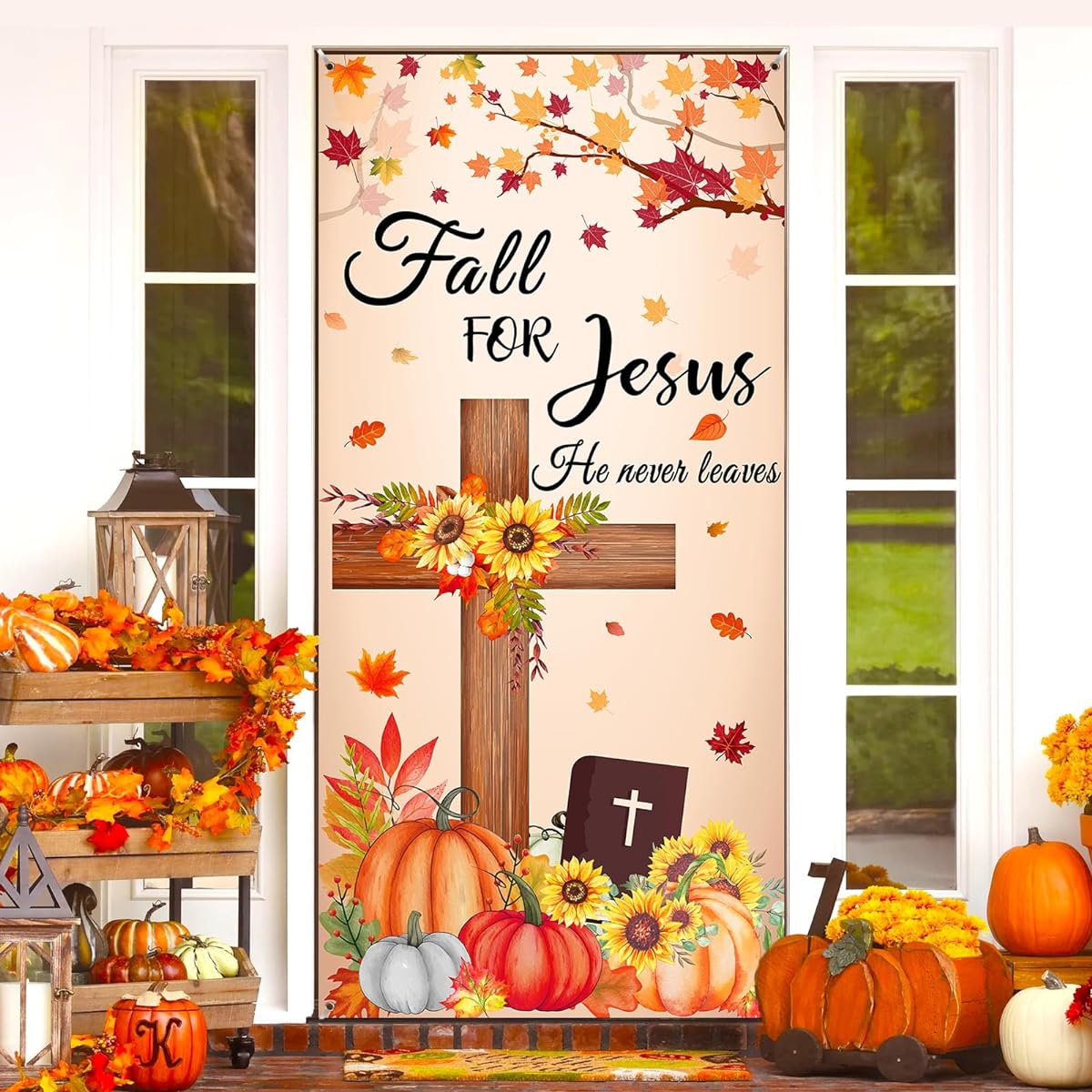 Autumn Party Banner Decoration Large Autumn Door Banner Autumn Door Cover Background Sign Party Supplies (Jesus Pumpkin Door Banner Autumn)