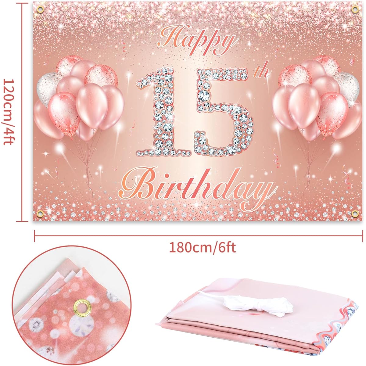 Happy 15th Birthday Banner Backdrop - 15th Birthday Party Decorations Supplies for Girls and Boys - Rose Gold 4 x 11 ft