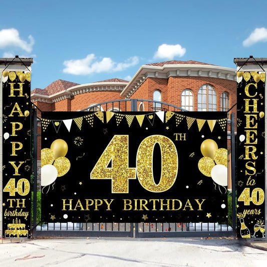 40th Birthday Decoration Banner Backdrop Unisex Happy 40 Birthday Sign Poster Party Supplies Black Gold 40th Birthday Photo Backdrop Outdoor Indoor