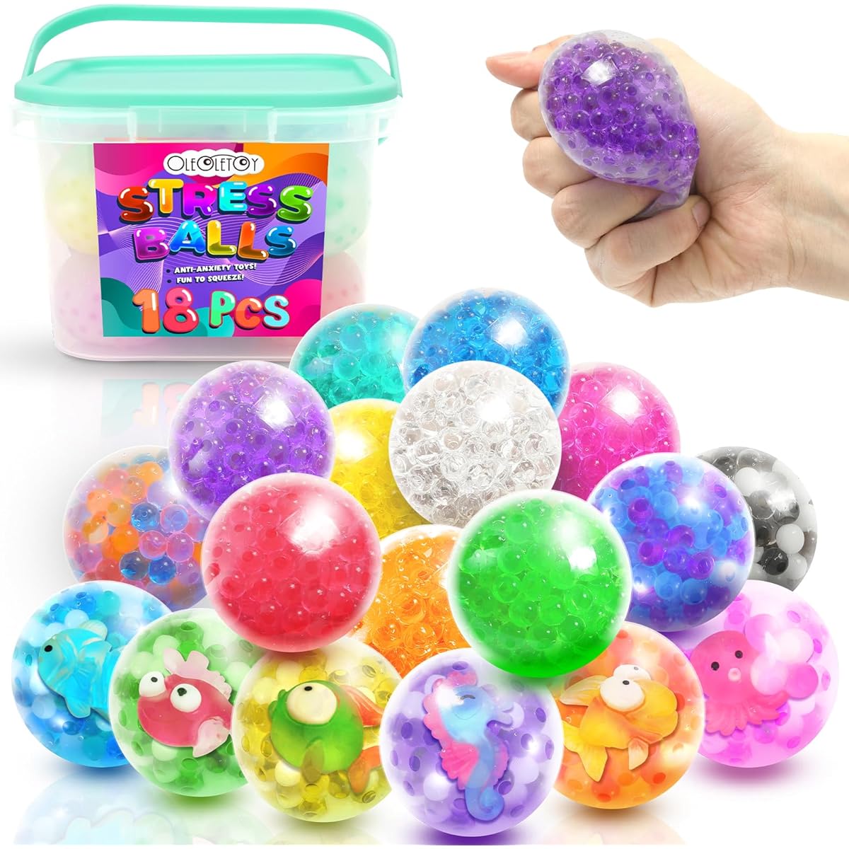 Stress Ball Sensory Squishy Toys: OleOletOy 18 Pack Stress Balls for Adults, Stress Relief, Squishy Balls Fidget Toys, Autism Sensory Toys, Classroom Prizes, Party Favors, Travel Toys, Gifts
