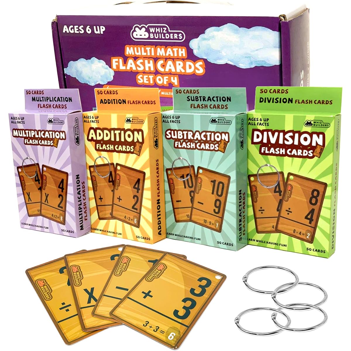 WhizBuilders 208 Math Flash Cards Addition Subtraction Flash Cards 0-20 Flash Cards Multiplication Division Flash Cards 4 Rings Ages 6+ Kindergarten 1st 2nd 3rd 4th 5th 6th Grade