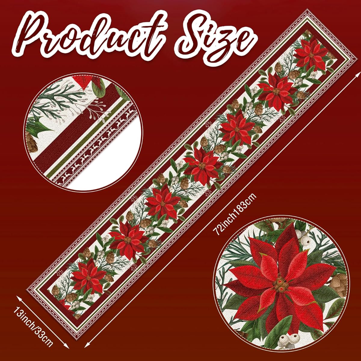 Christmas Poinsettia Flower Red Table Runner Christmas Holiday Kitchen Dining Table Runner for Indoor Outdoor Home Party Farmhouse Decoration Supplies 13x72 Inch