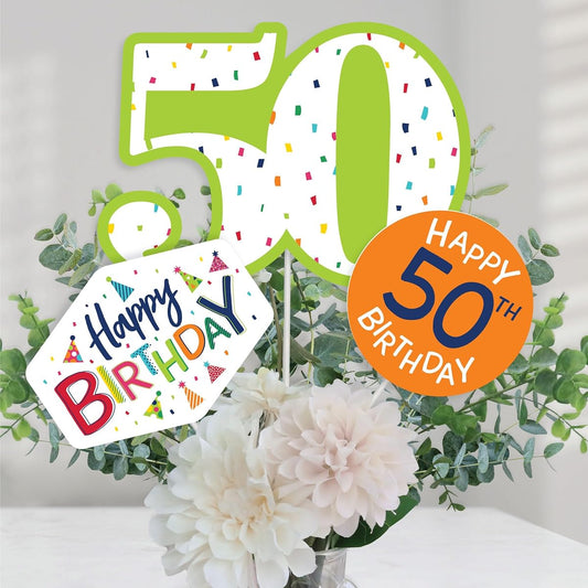 50th Birthday - Cheerful Happy Birthday - Colorful 50th Birthday Party Centerpiece Sticks - Table Toppers - Set of 15