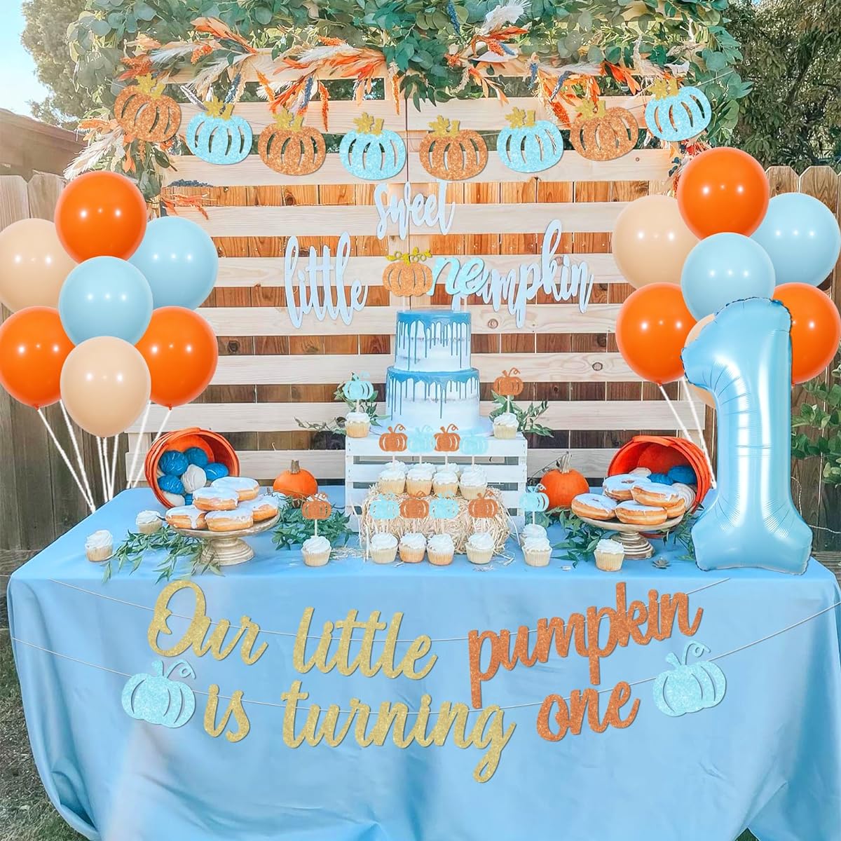 Little Pumpkin 1st Birthday Decorations for Boys, Blue Pumpkin First Birthday Decor, Our Little Pumpkin Is Turning One Banner, Cake Topper, Balloons, Fall Party Supplies