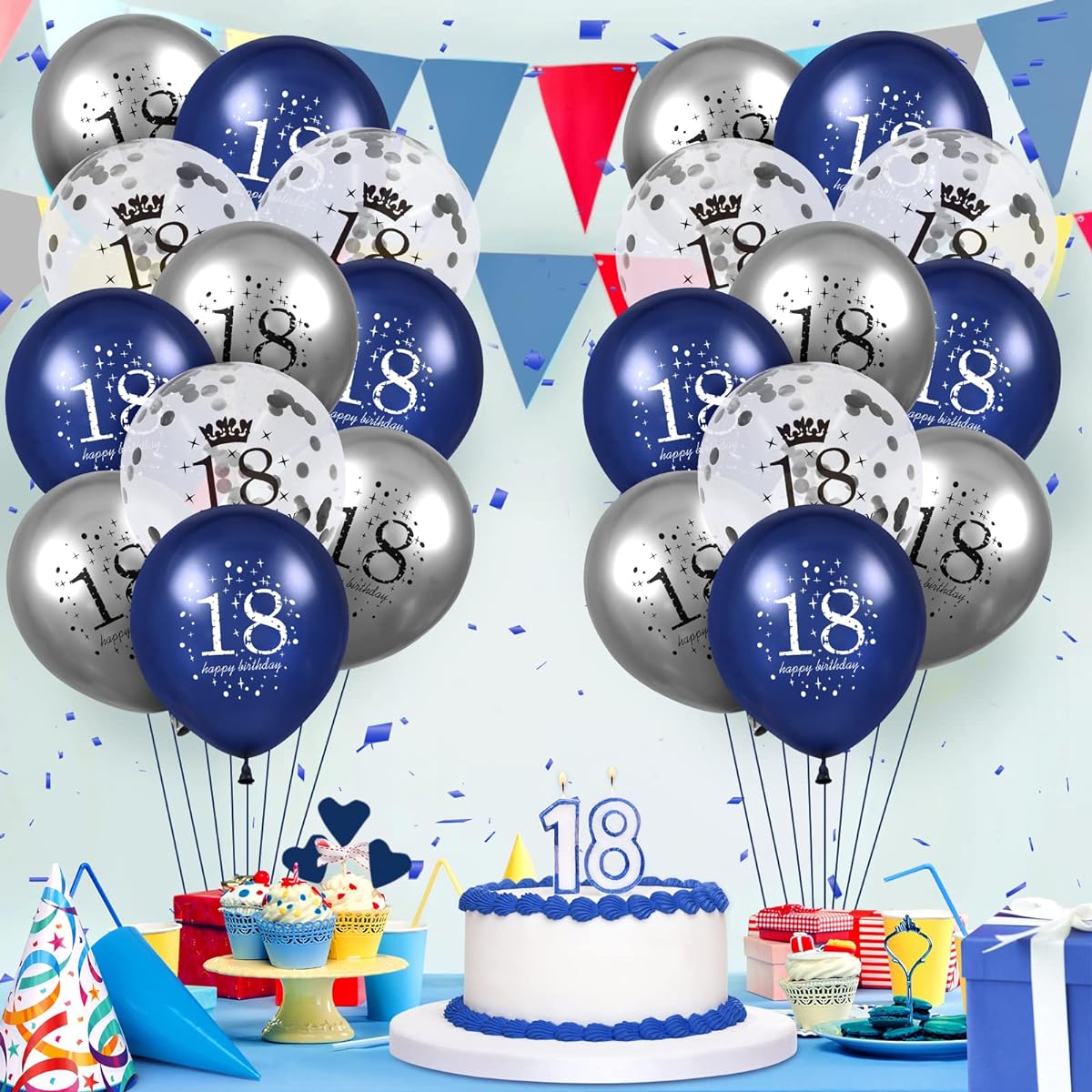 15pcs 18th Birthday Balloons Navy Blue Silver Latex Inflatable Clear Confetti Balloons for Boys Girls 18th Anniversary Happy Birthday Party Decorations Navy Blue Balloons Decor Supplies 12 Inch