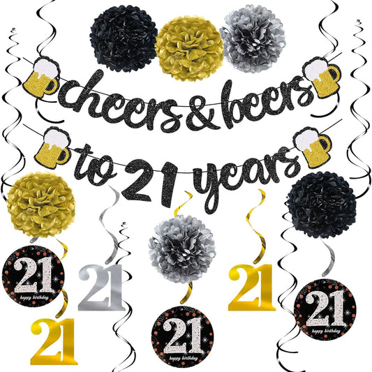 21st Birthday Decorations Kit for Men and Women, 21st Birthday Decoration Banner with Pom Poms, 21st Sparkly Hanging Swirls Decorations for 21st Birthday, Wedding Party Supplies Decorations