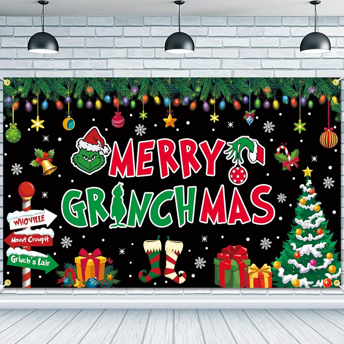 JKQ Merry Grinchmas Background Banner 73 x 43 inches Large Christmas Background Banner Christmas Party Decoration Christmas Holiday Baby Shower Birthday Indoor Outdoor Photo Booth Props