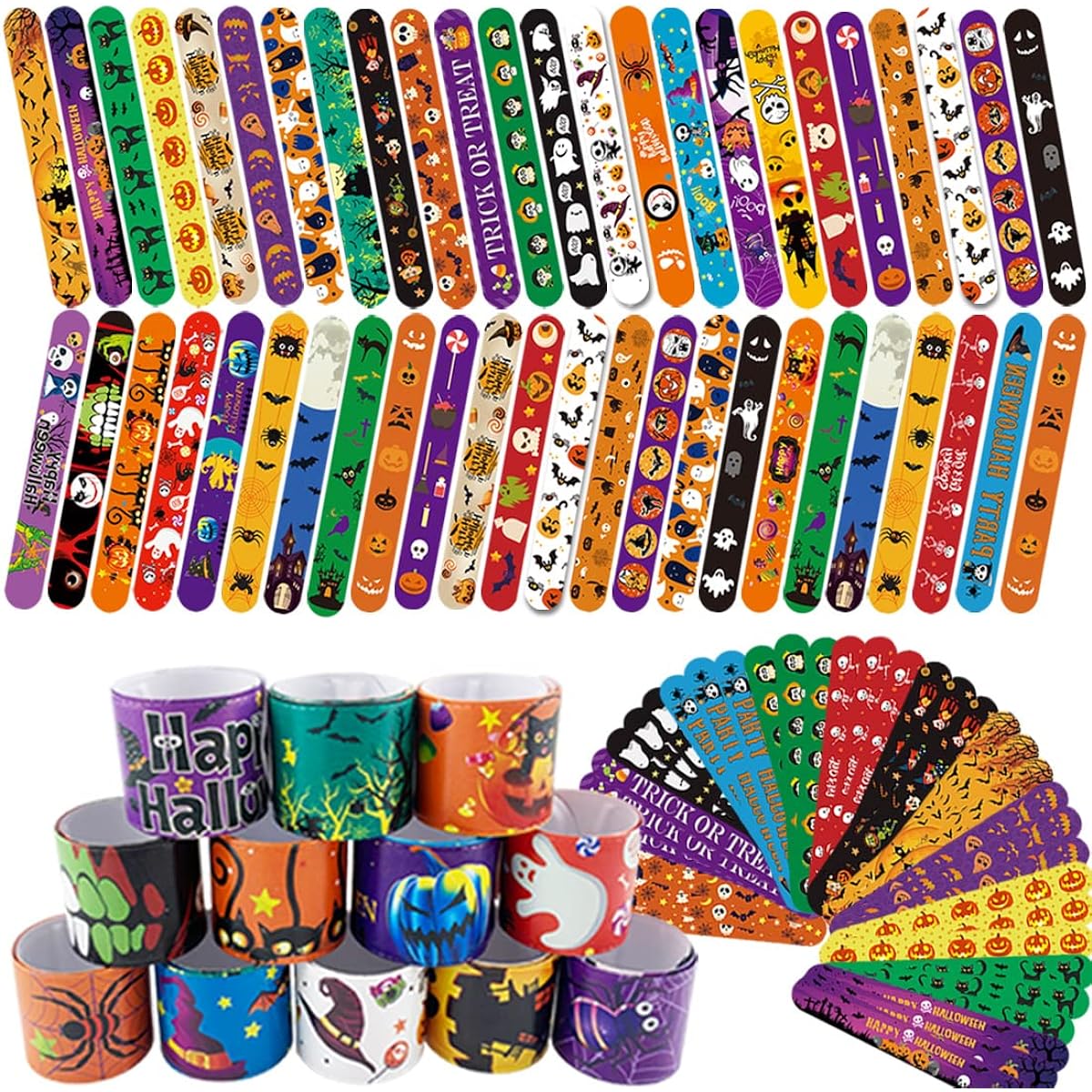 Halloween Slap Bracelets, 108 Pieces Slap Bracelets Wristbands with Spider Pumpkin Ghost Zombie Bat Witch Designs Snap Bracelets for Kids Party Favors Toys Giveaways Pinata Goodie Bag Filler, Plastic