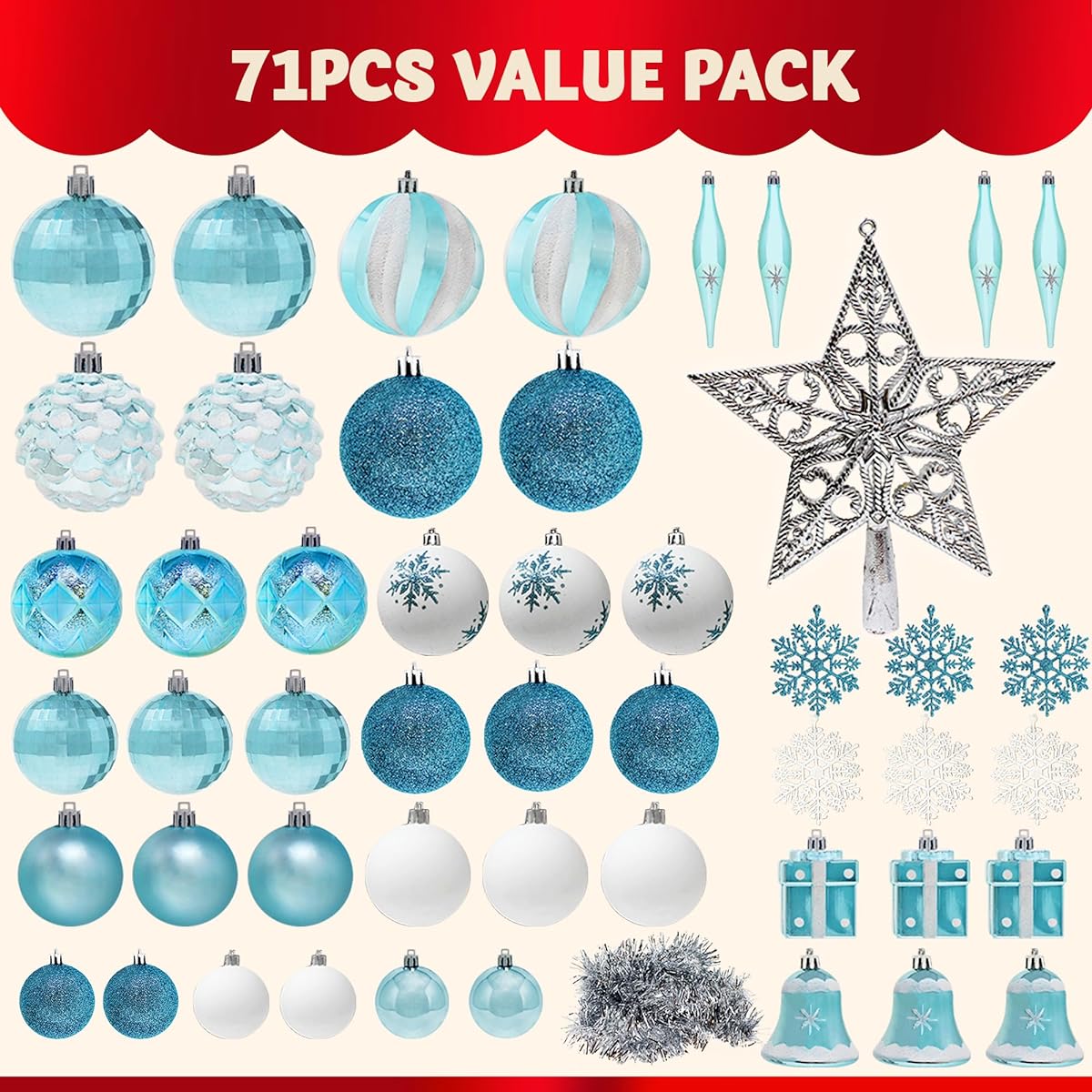 Joiedomi Christmas Ornaments, 71pcs Blue and White with Silver Star Tree Toppers, Shatterproof Christmas Ornaments for Holiday Party Decorations, Tree Ornaments for Events, Christmas