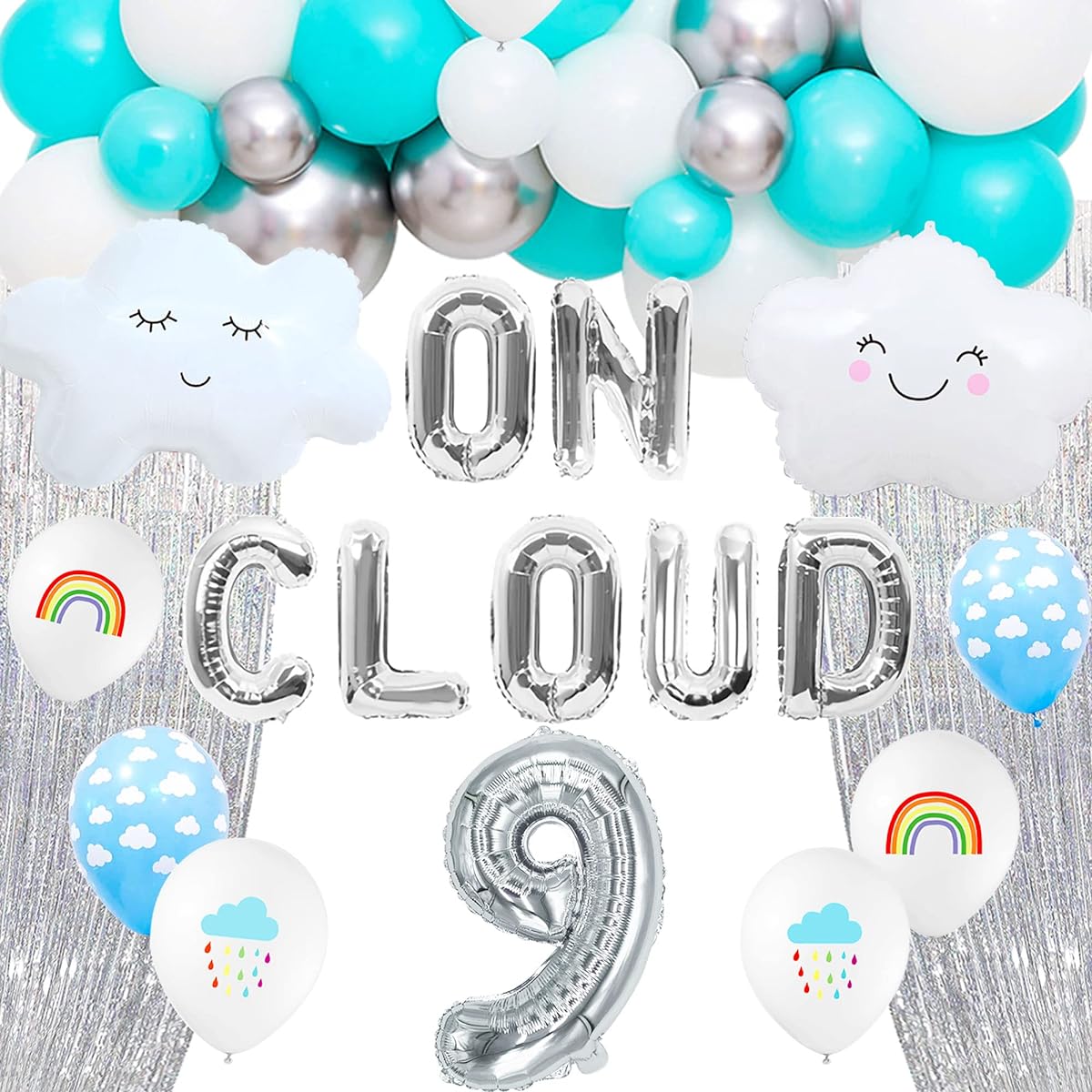 LaVenty 43pcs Silver on Cloud 9 Balloons, 9 on Cloud Birthday Decorations, 9th Birthday Balloons, 9th Birthday Balloons on Clouds, Party Supplies, Cloud Balloons