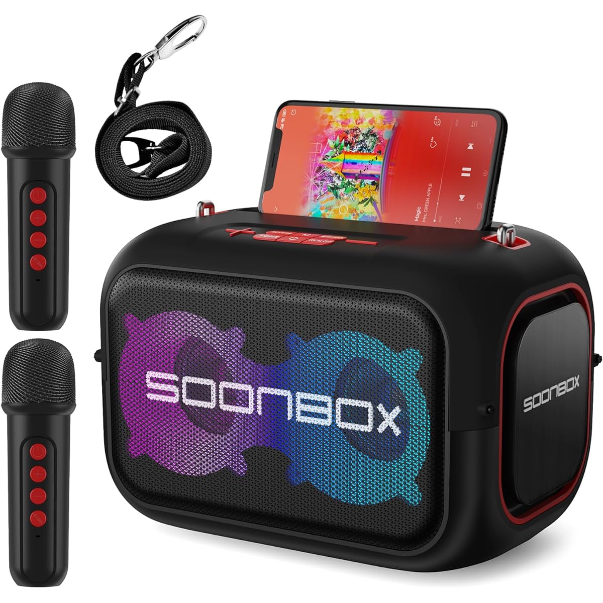 ction Deep Bass Enhancement Function Noise Suppression Technology 25 Types of RGB Lighting Effects 6-8 Hours Continuous Music Playback Picnic Karaoke Live Performance Speech Classroom Festival Applicable gifts 18 months warranty TF/USB/AUX/REC compatible