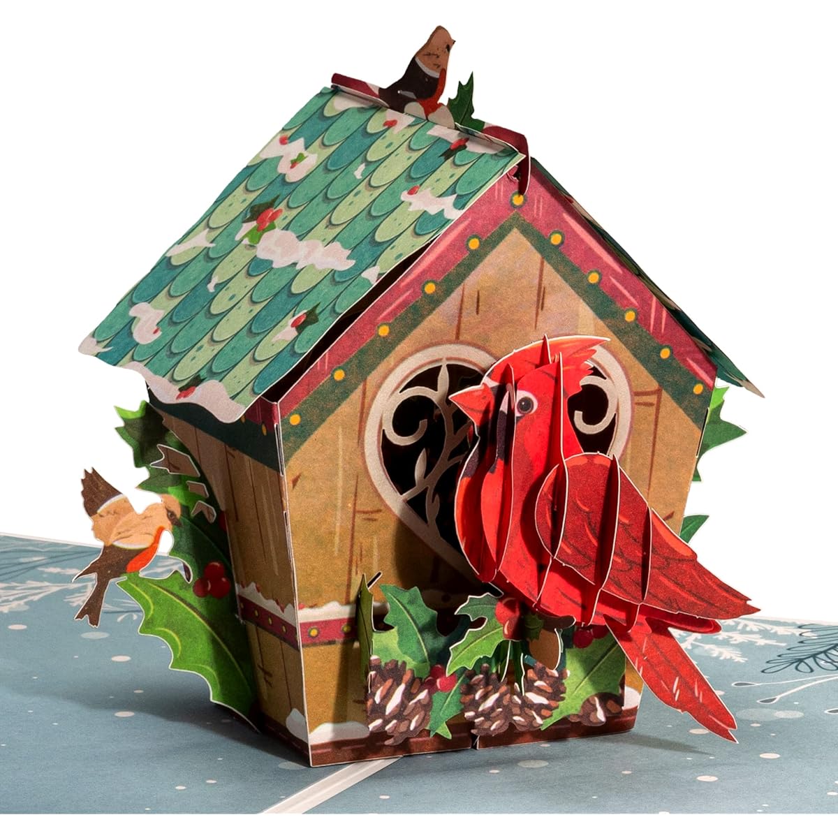 Frndly by Paper Love Bird House Christmas Pop Up Cards - Handcrafted 3D Pop Up Greeting Cards for Christmas and Holidays - 100% Recycled and Eco Friendly - 8" x 6" Cover with Removable Note Tag