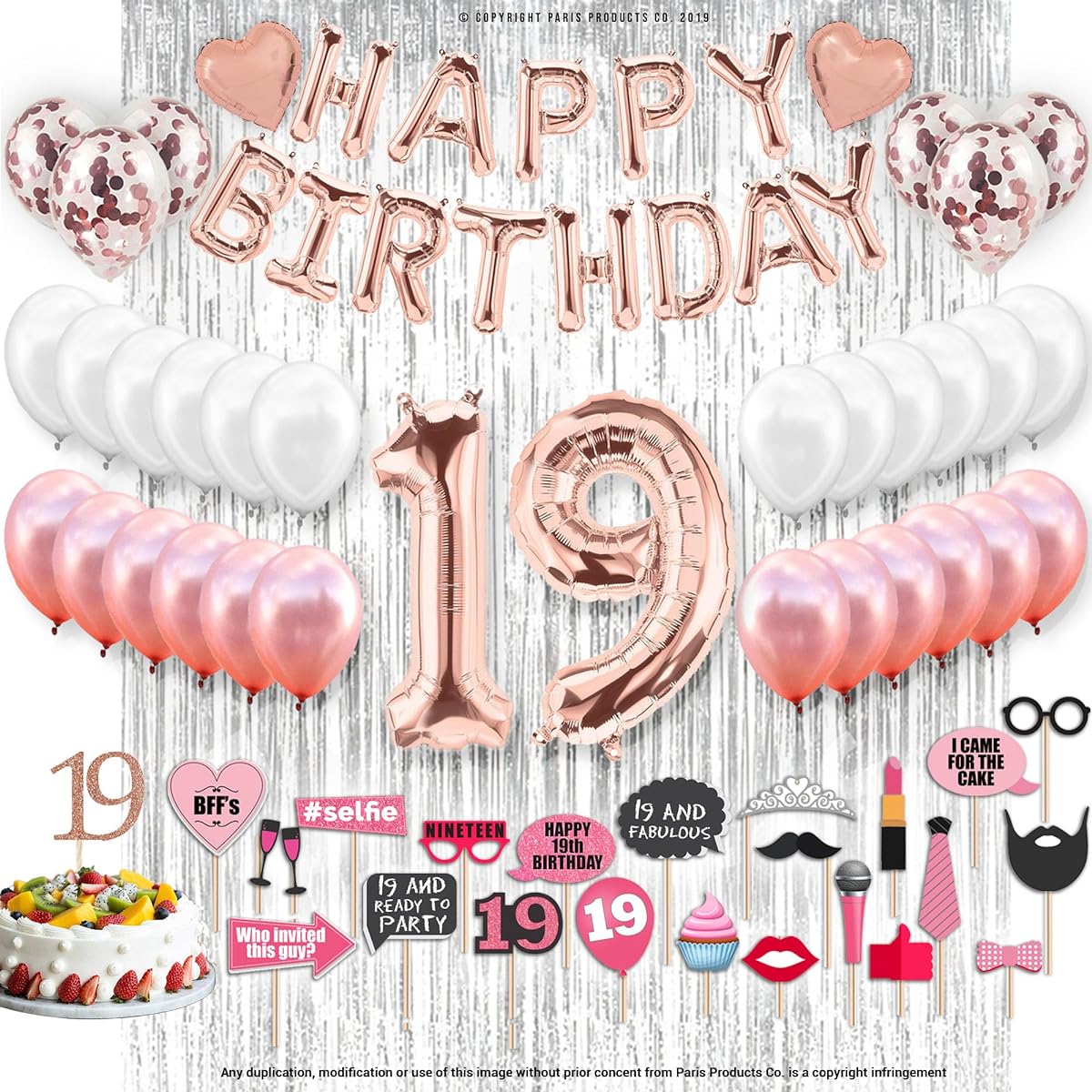 PARIS PRODUCTS 19th Birthday Decorations for Women, Rose Gold Gifts for 19 Year Old Women, 19th Birthday Cake Topper, 19th Birthday Sash, Photo Props, Foil Backdrop, 74 Pieces