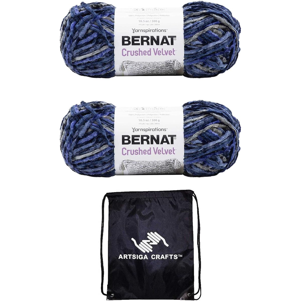 Bernat Crushed Velvet Yarn Navy 161016-16011 (2 Skeins) Same Dyed Lot Chunky Bulky #5 Soft 100% Polyester Bundle with 1 Artsiga Kraft Bag