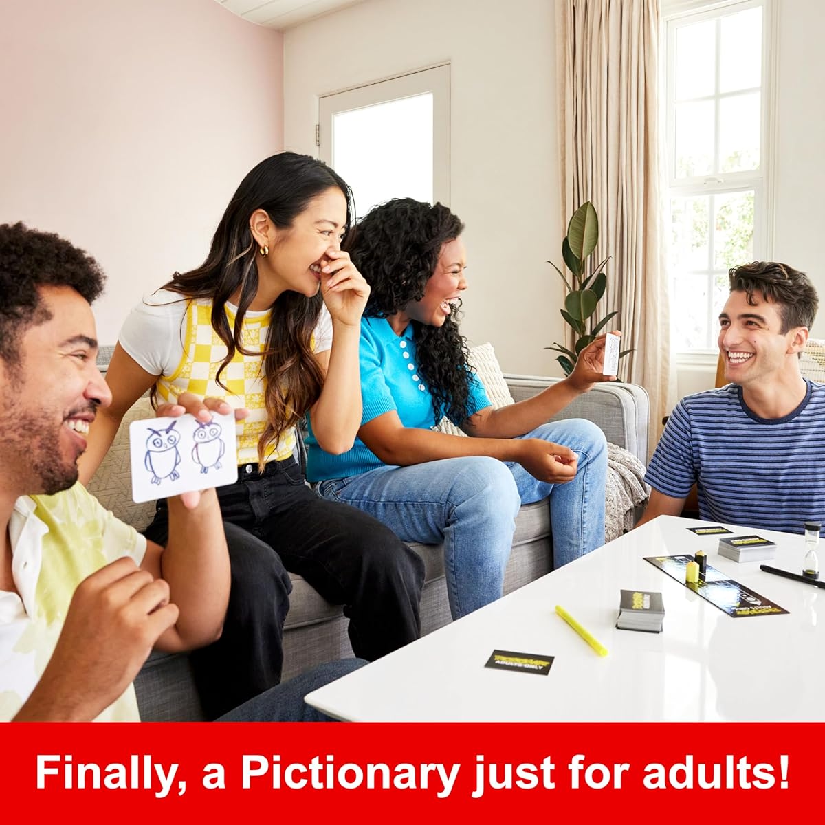 Mattel Games Pictionary Party Game for Adults and Game Night Drawing Game with Silly Sketch and NSFW Clue Cards, Board, Markers, and Sand Timer