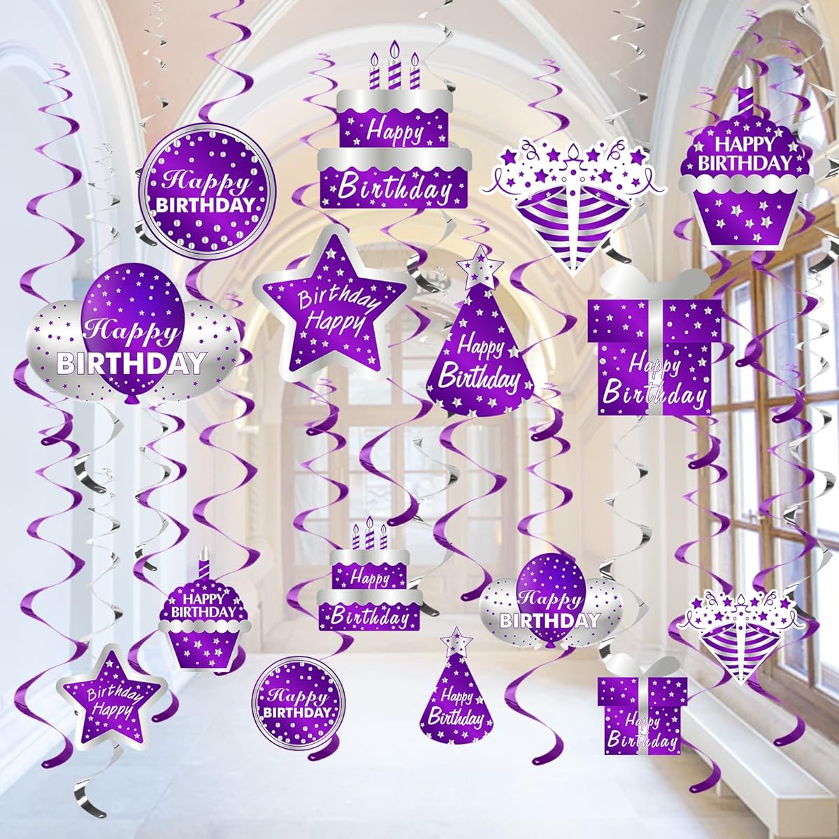 30pcs Purple Silver Happy Birthday Decorations Hanging Swirls Party Supplies Happy Birthday Foil Swirls Decor for Women Girls 10th 16th 18th 21st 30th 40th 50th 60th Ceiling Swirl Signs