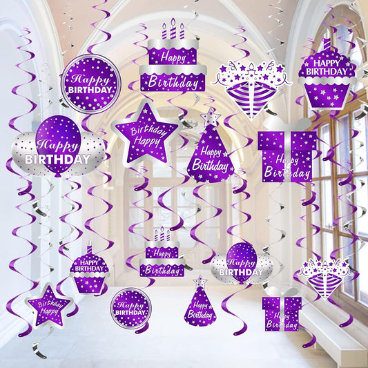 30pcs Purple Silver Happy Birthday Decorations Hanging Swirls Party Supplies Happy Birthday Foil Swirls Decor for Women Girls 10th 16th 18th 21st 30th 40th 50th 60th Ceiling Swirl Signs