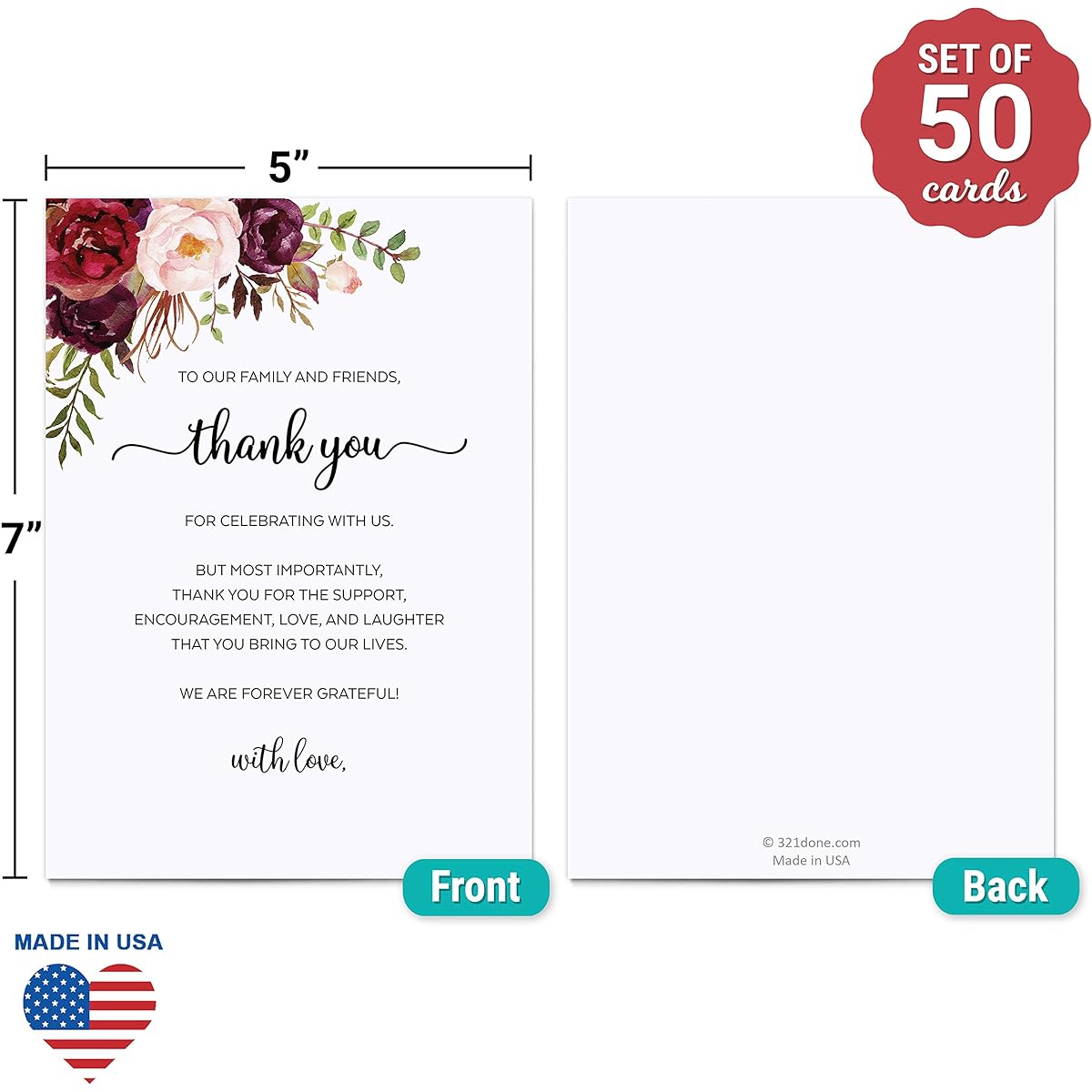 321Done 5x7 White Floral Thank You Place Setting Cards - Made in the USA, Thank You Quotes for Weddings, Parties, Retirements, Graduations, Birthdays, Showers, Baby Showers, Bridal - Set of 50