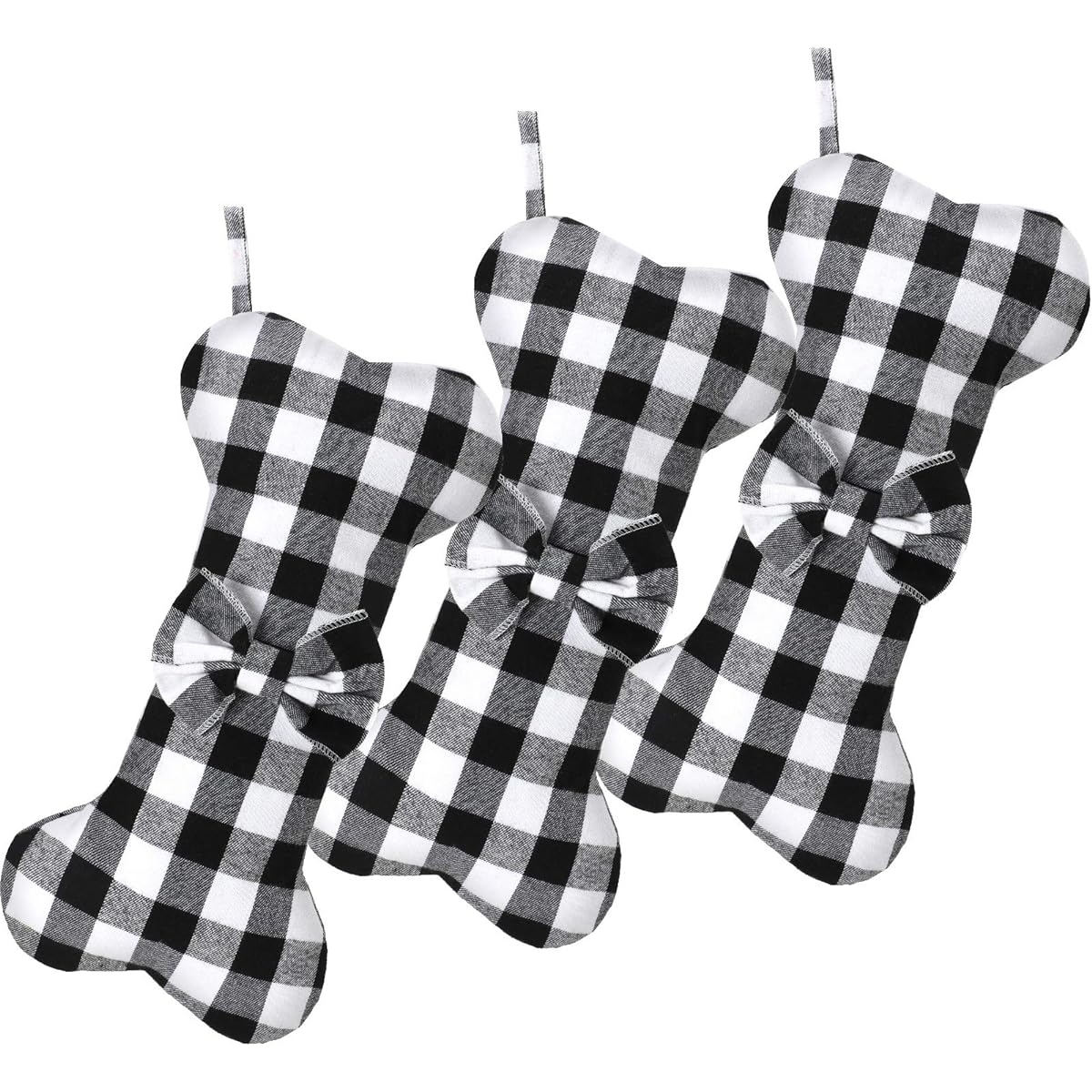 Skylety Pet Dog Christmas Stockings Buffalo Plaid Large Bone Shape Hanging Christmas Stockings Buffalo Check Stockings for Christmas Party Family Gathering Decorations (Black White Dog Bone, 3 Pieces)