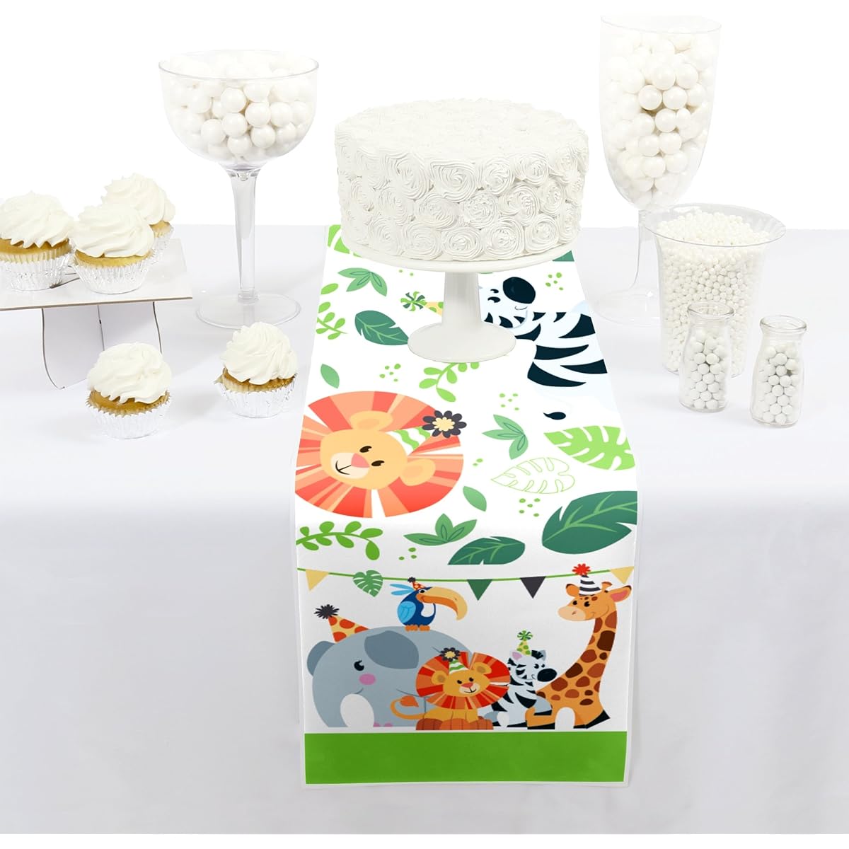 Jungle Party Animals - Petite Safari Zoo Animals Birthday Party Baby Shower or Table Runner - 12" x 60"